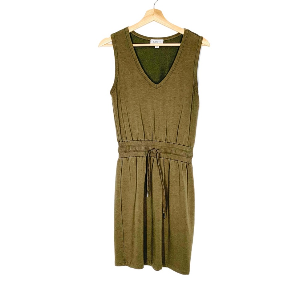 Evereve Sleeveless V-neck Sheath Dress Drawstring Waist Size XS Olive Green